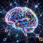 A glowing brain wired into a particle field