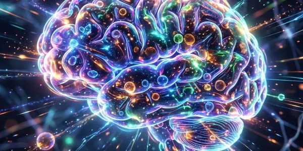 A glowing brain wired into a particle field