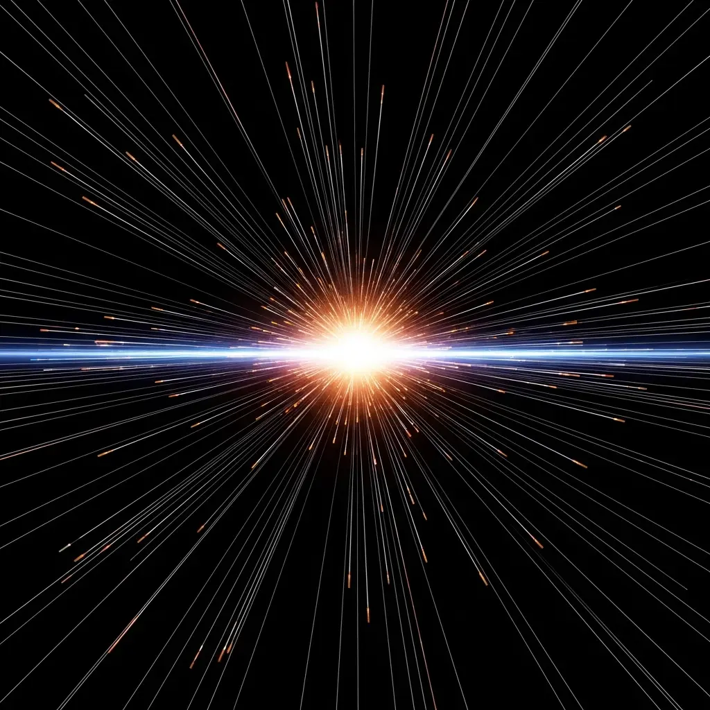 High-energy particle collision with relativistic streaks stretching particle paths, refined trajectories glowing precisely