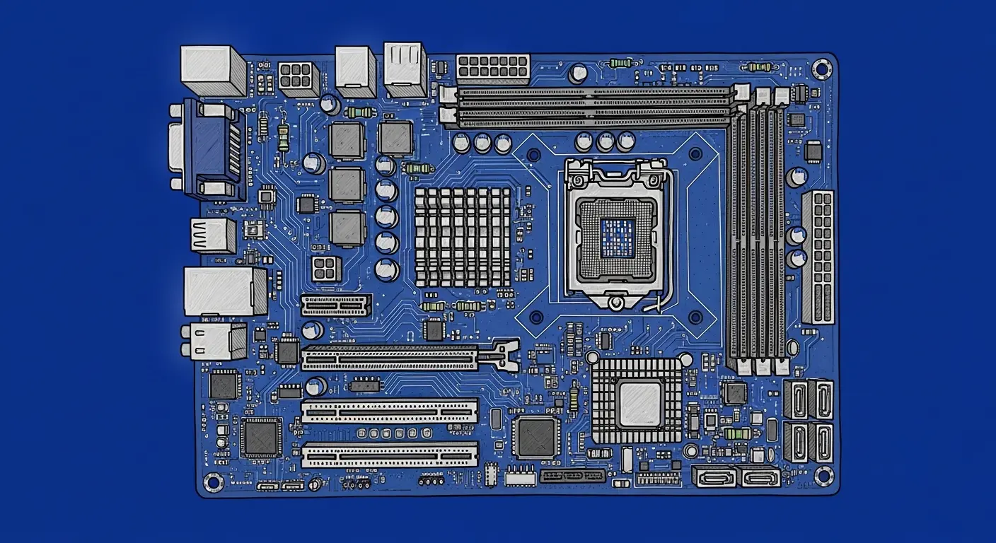 Technical motherboard illustration on blue background