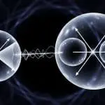Two glassy spheres marked with spin arrows connected by a wave on a dark field