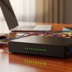 A black network switch with a row of green status LEDs and colored cables beside a laptop and router.