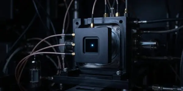 A complex, dark-toned apparatus with glowing blue light at its centre dominates the frame, surrounded by connecting tubes and wires.