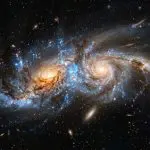 This stunning image showcases a spiral galaxy interacting with another, set against a backdrop of countless stars and cosmic dust.