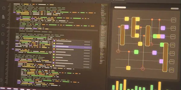 A dark code editor with a quantum circuit open in a side panel