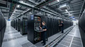 This image shows a large server room with numerous computer racks, cables, and technicians working within a cool, industrial setting.
