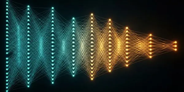 A glowing network of interconnected nodes and lines transitions from teal to orange against a dark background