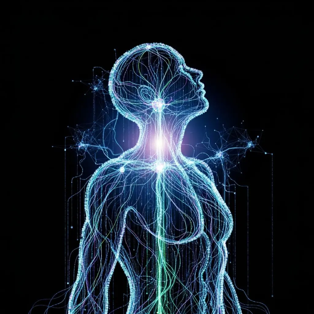 Abstract human silhouette formed from layered flowing data streams, neural network overlay adjusting pathways uniquely within the figure