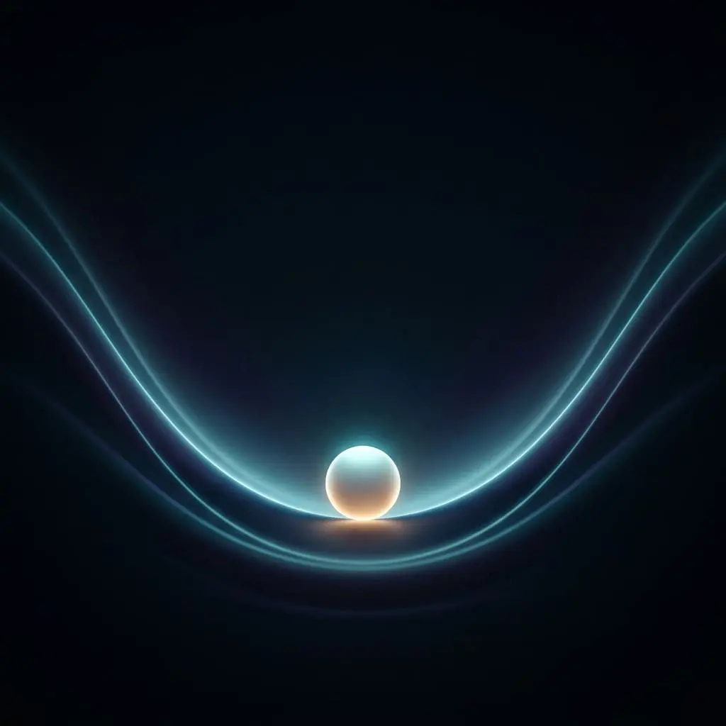 Abstract machine-learning landscape with a descending sphere