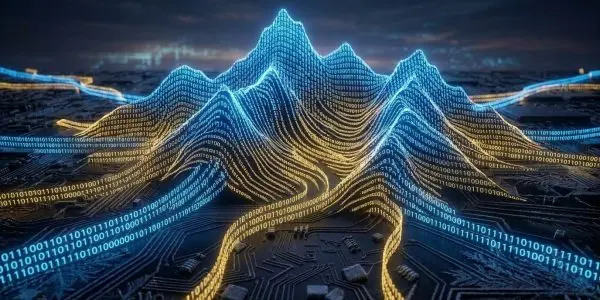 Glowing blue and gold binary digits rise into a mountain range above a dark circuit board