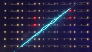 A dark, cosmic scene features rows of glowing nodes connected by lines, bisected by a bright, jagged blue electrical arc.