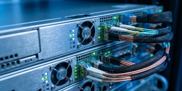 stacked rack servers with fans, green indicator lights and braided copper and fibre cables