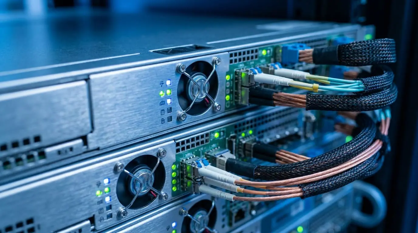 stacked rack servers with fans, green indicator lights and braided copper and fibre cables