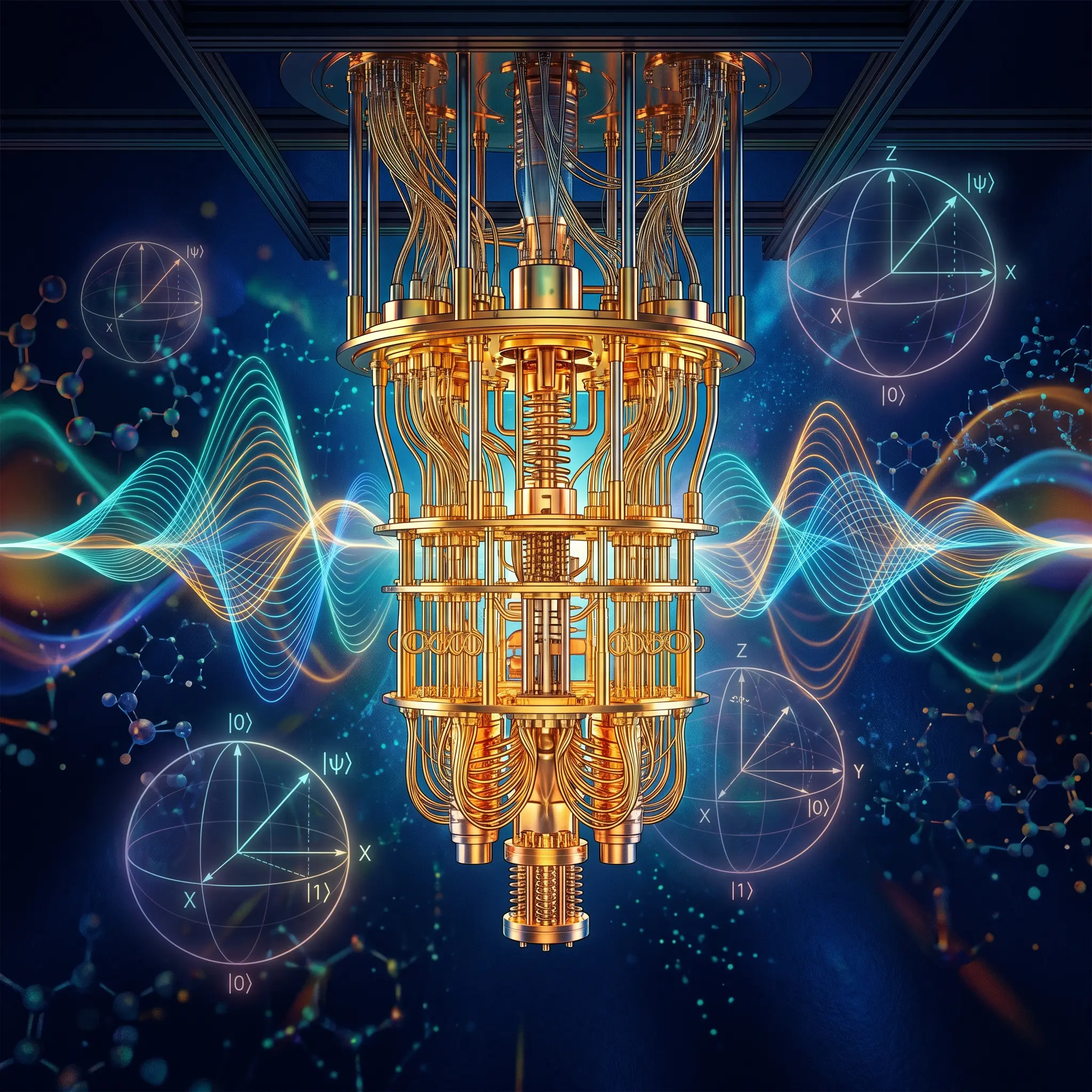 Golden cryostat surrounded by Bloch-sphere axis diagrams