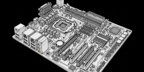 3D line-sketch of a populated motherboard