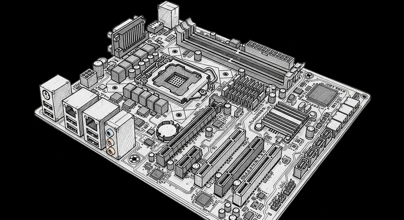 3D line-sketch of a populated motherboard