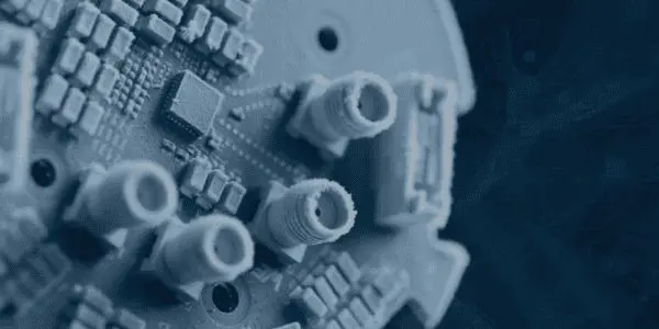 A close-up shot reveals a detailed 3D printed circuit board with various components, set against a dark blue background.