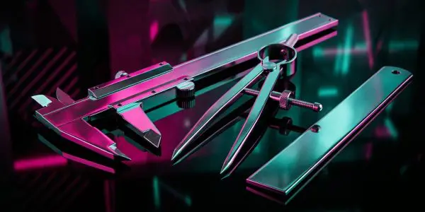 Polished calipers and dividers in coloured light