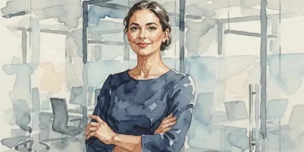 Watercolour illustration of Ilana Wisby, founding chief executive of Oxford Quantum Circuits, standing with folded arms in a glass-walled office
