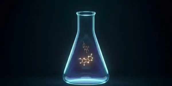 Laboratory flask holding a glowing molecule