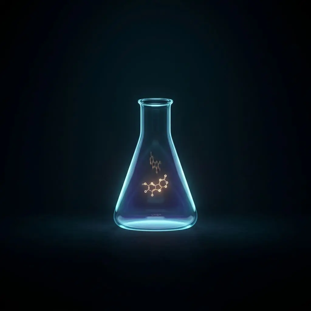 Laboratory flask holding a glowing molecule