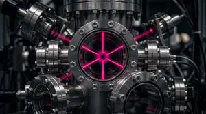 A complex metallic apparatus glows with pink laser light against a dark background, suggesting a high-tech laboratory environment.