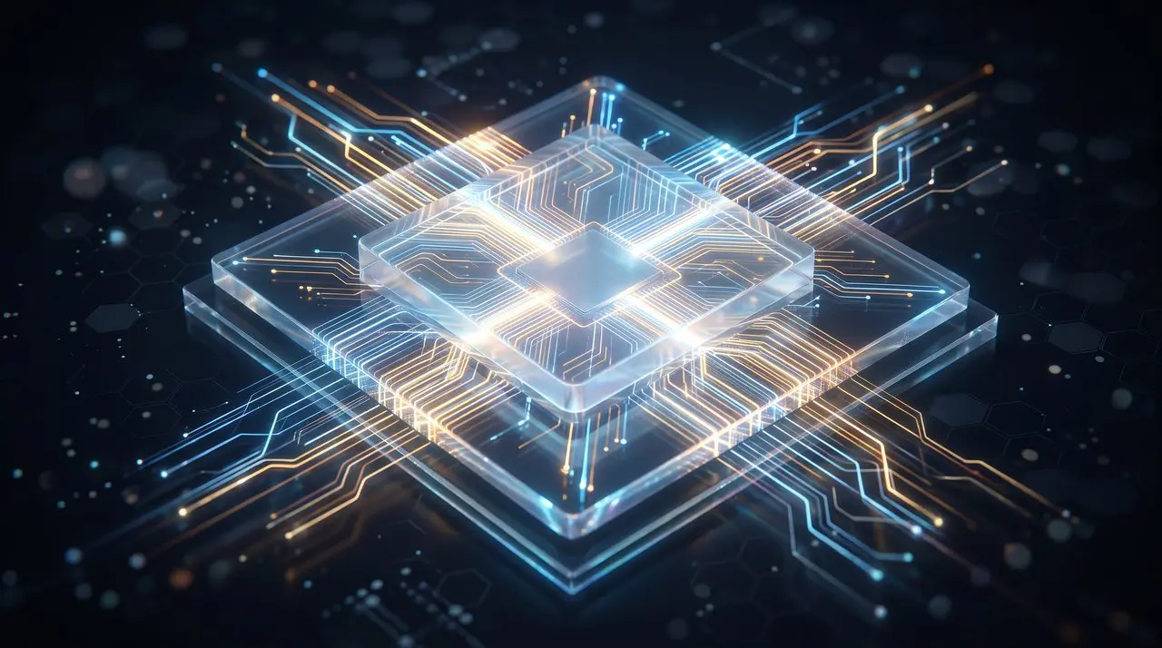 A processor die traced in light