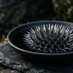Glossy black ferrofluid rising in sharp spikes in a black bowl on a slate slab