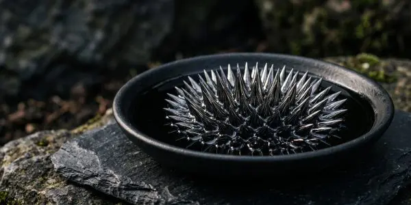 Glossy black ferrofluid rising in sharp spikes in a black bowl on a slate slab