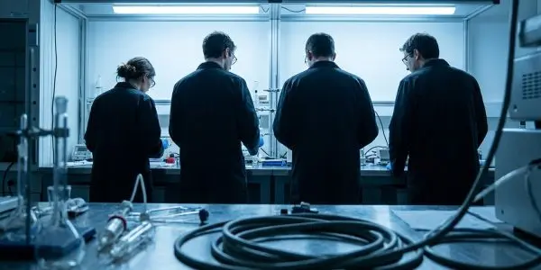 Four researchers at a lab bench, photographed from behind