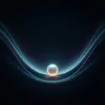 A softly glowing sphere sitting at the low point of a curved valley traced by faint blue light lines on a dark background.