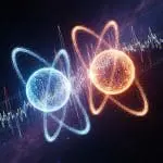 Blue and orange particle spheres surrounded by orbital rings and a jagged waveform across deep space