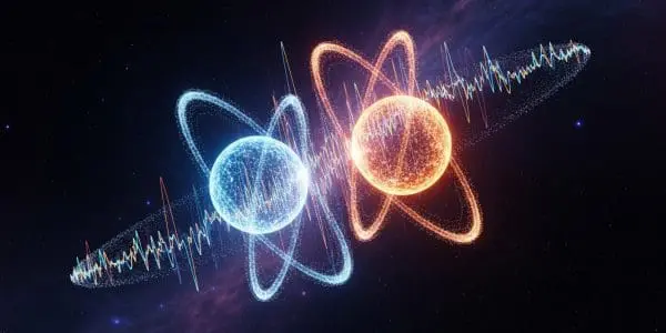 Blue and orange particle spheres surrounded by orbital rings and a jagged waveform across deep space