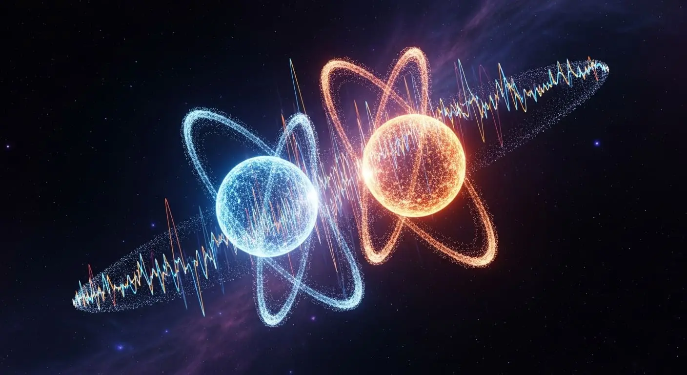 Blue and orange particle spheres surrounded by orbital rings and a jagged waveform across deep space