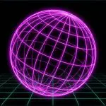 A magenta wireframe globe above a green grid