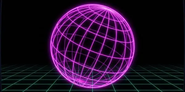 A magenta wireframe globe above a green grid