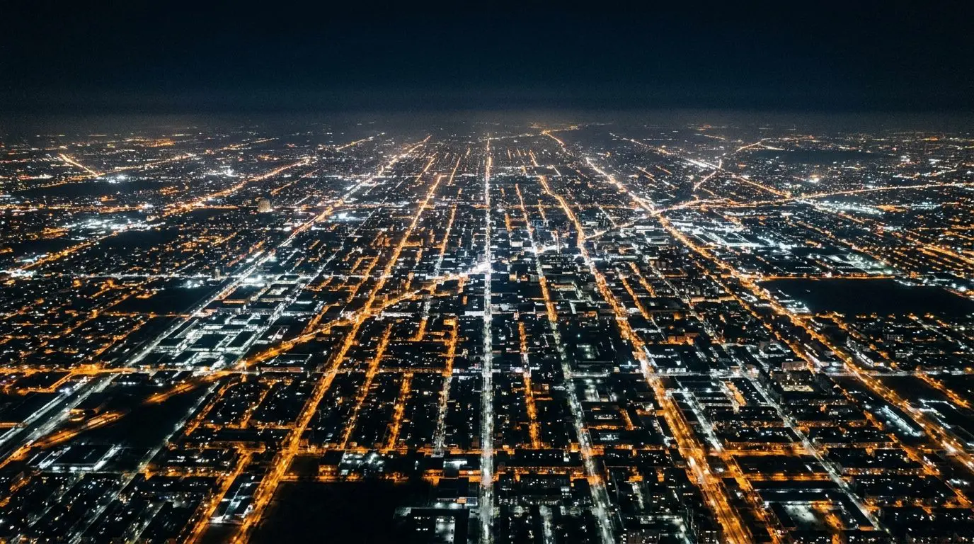 A city grid of lights seen from the air at night