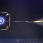 A dark laboratory contains a glowing, square-framed quantum system emitting a beam of light towards a detector.