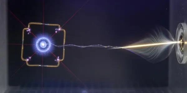 A dark laboratory contains a glowing, square-framed quantum system emitting a beam of light towards a detector.