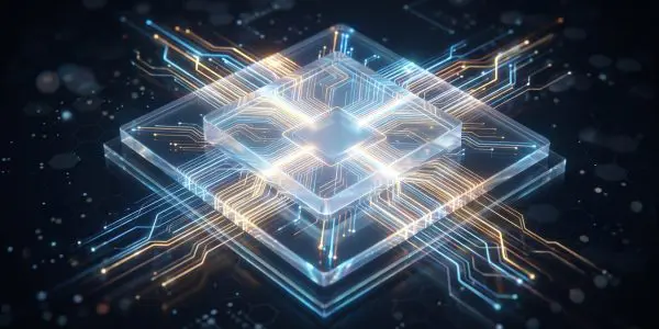 A processor die traced in light