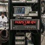 A rack-mounted clock display in an optics laboratory