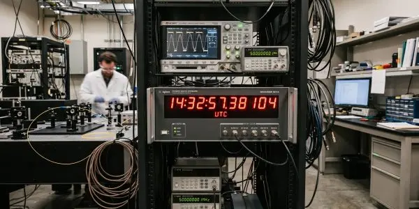 A rack-mounted clock display in an optics laboratory