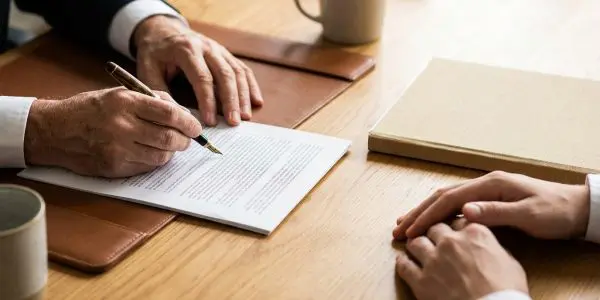 Two pairs of hands at a desk, one signing a document with a fountain pen
