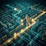 Glowing human figure walking pathways through an information lattice