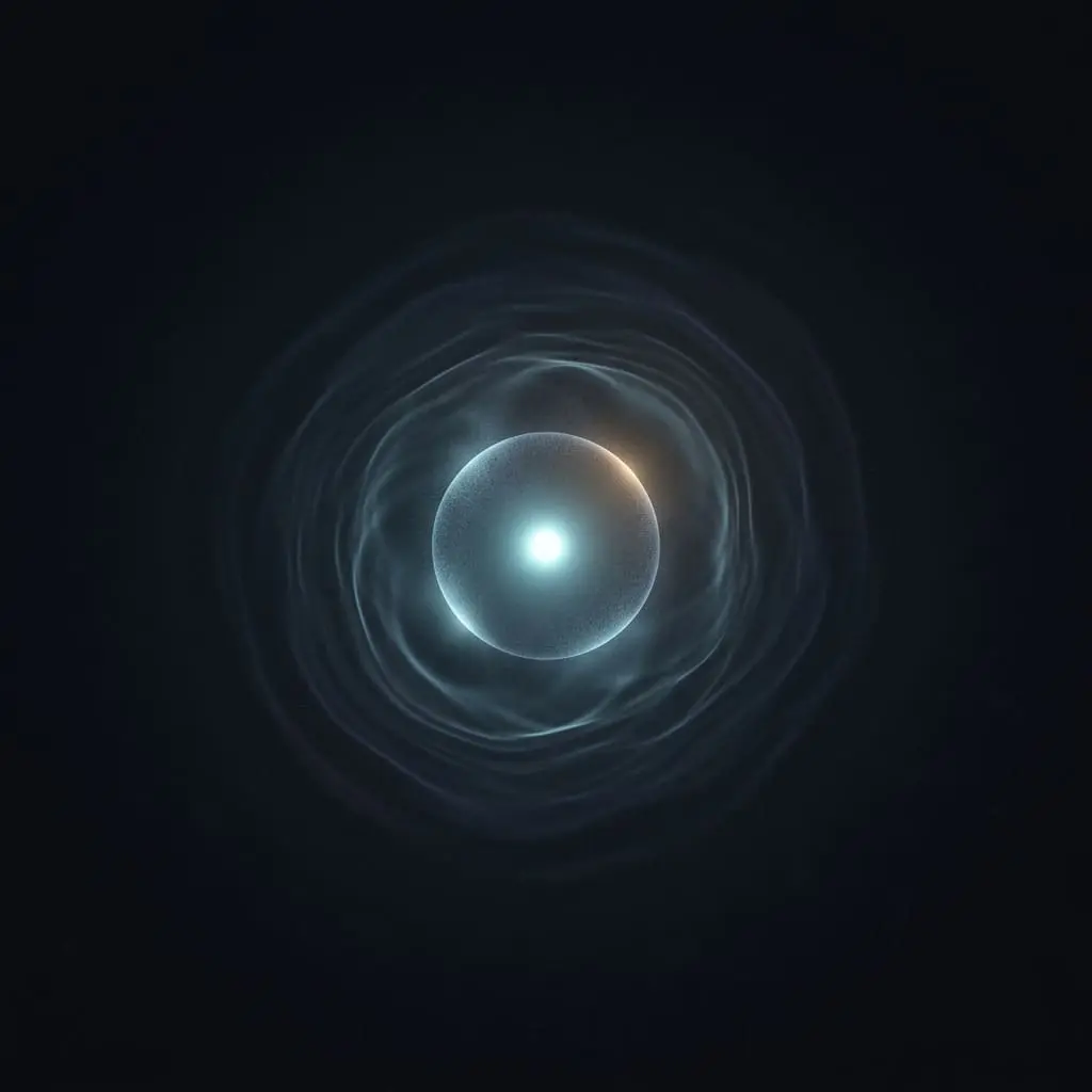 Particle suspended in a glowing probability cloud