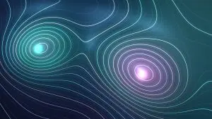 This abstract artwork depicts swirling concentric circles against a dark background, creating a sense of movement and depth.