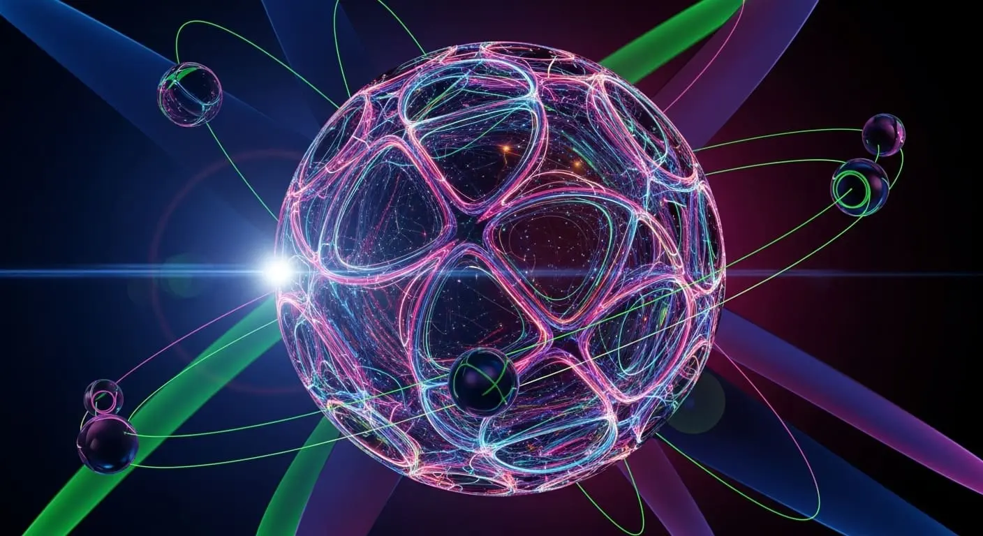 Glowing pink and blue lattice sphere with orbiting particles and green orbital paths