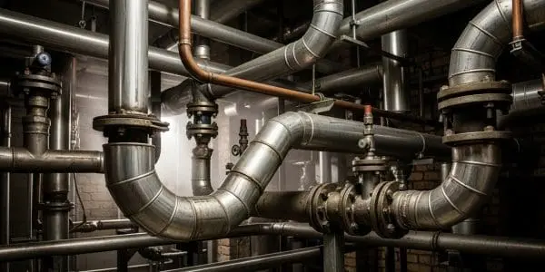 A maze of metal industrial pipes, valves and flanges with rising steam inside a plant.
