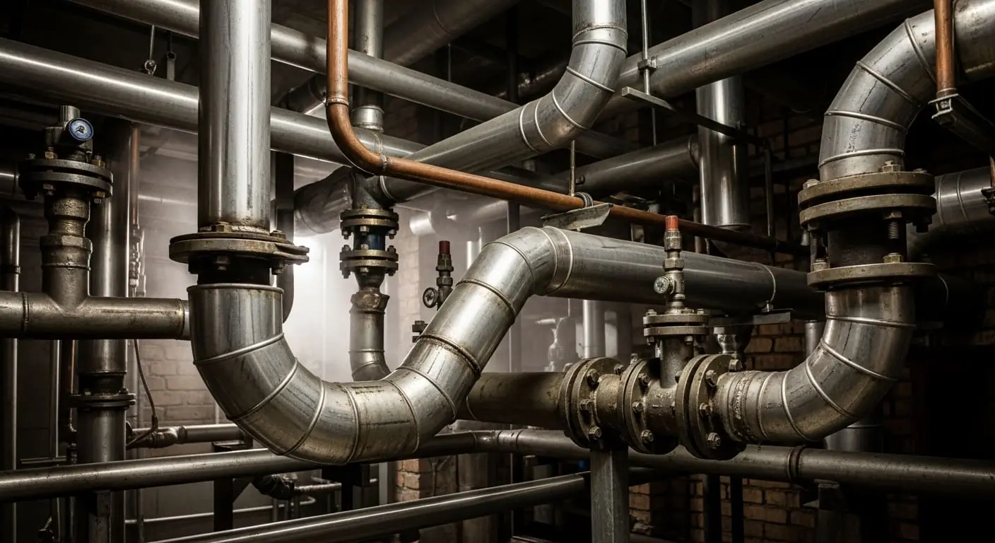 A maze of metal industrial pipes, valves and flanges with rising steam inside a plant.