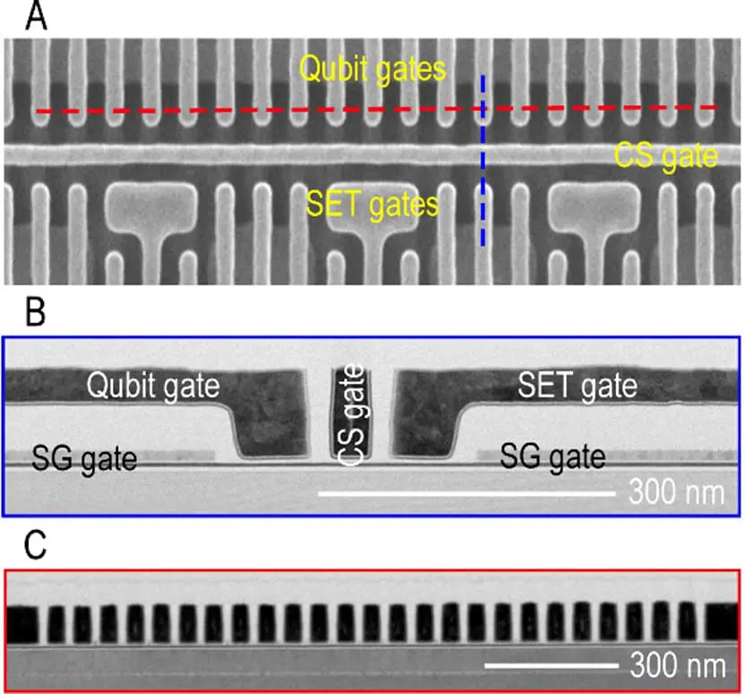 Intel Pioneers Scalable Quantum Computing With 12 Spin-Qubit Arrays Fabrication a) In-line scanning electron micrograph SEM (top view) of the 12QD qubit/SET gates after EUV patterning. TEM cross sections of the 12QD device after fabrication b) along the qubit/SET gates and c) across the qubit array gates.